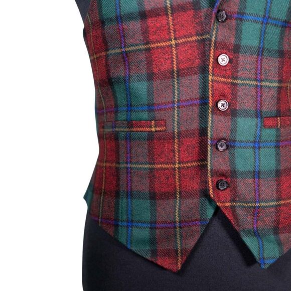 Mens Vest 40R Wool Tartan Plaid Green Red Waistcoat Formal Wedding Groom Party - Picture 7 of 9